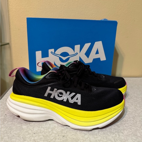 Hoka Bondi 8 Black and Neon Yellow Athletic Shoes - Picture 3 of 3
